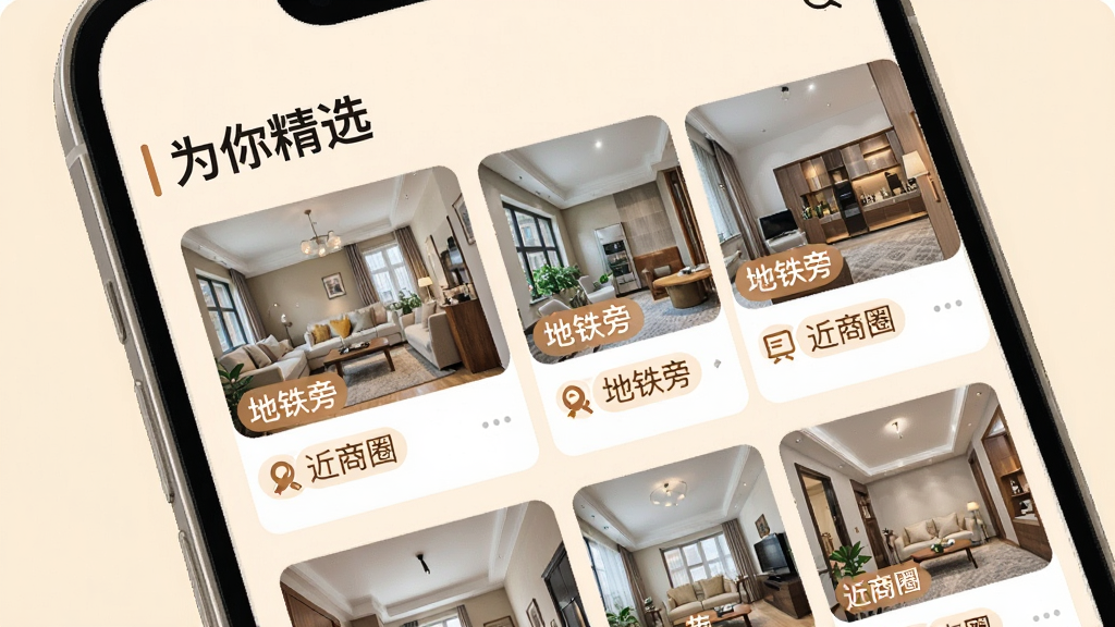 手机界面展示智能推荐结果,顶部有“为你精选”标题,下方是几套带实景图的房源卡片,每张卡片标有“地铁旁”“近商圈”等标签,界面采用暖色调,风格简约清新,画质干净,无多余元素