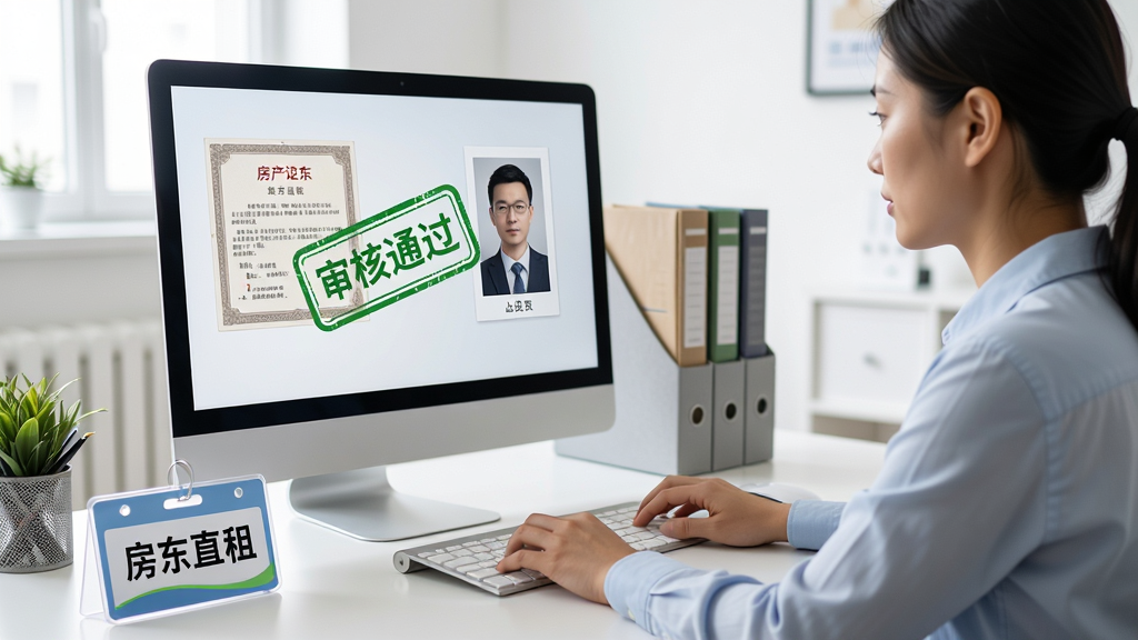 一位工作人员正在电脑前审核房东上传的房产证和身份证照片,屏幕上有“审核通过”的绿色印章,桌上摆放着“房东直租”工牌,办公环境明亮整洁,风格写实,画质高清,细节丰富,无多余元素