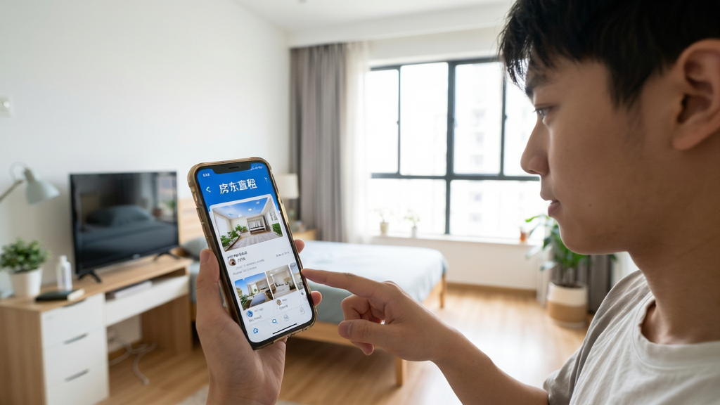 一名年轻人正拿着手机浏览“房东直租”上的房源,另一只手指着屏幕,背景是整洁的出租屋,整体画面明亮,风格生活化,画质清晰,无多余元素