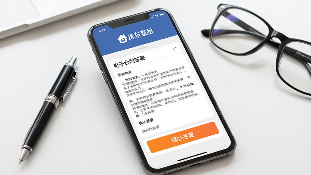 手机屏幕显示电子合同签署界面,合同上方有“房东直租”logo,下方有“确认签署”的橙色按钮,背景为桌面上的笔和眼镜,整体风格商务简洁,画质干净,无多余元素