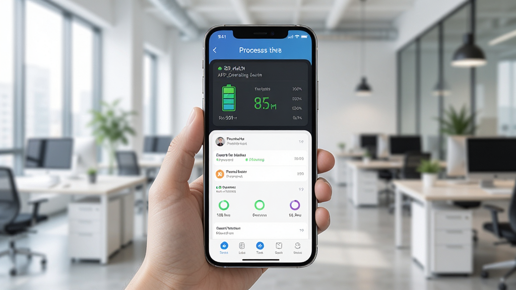 APP_Operating软件运行在手机上的使用场景图,屏幕上显示电池健康监测和进程管理界面,背景为模糊的现代办公环境,整体风格明亮,突出软件在实际应用中的状态,画质清晰,无多余元素。
