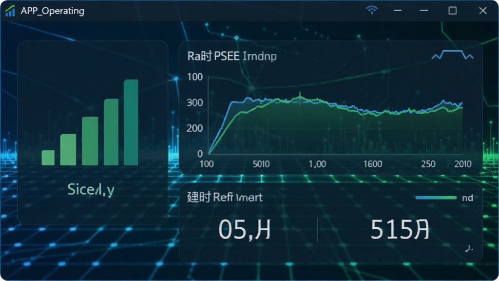 APP_Operating软件的网络诊断功能界面,屏幕上显示信号强度图标、实时网速曲线和延迟数据,背景为科技感十足的线条网格,整体色调为蓝色和绿色,界面清晰展示各项网络参数,画质高清,突出软件对网络状况的精准监控能力,无多余元素。