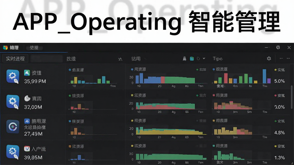 APP_Operating软件界面截图,展示后台进程管理功能,列表中有多个应用图标及其实时资源占用率柱状图,界面设计简洁,数据可视化清晰,以深色背景衬托彩色数据图表,画质清晰,突出软件的专业数据分析能力,图片上标注“APP_Operating 智能管理”字样,无多余元素。