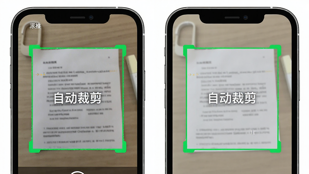 高清扫描王智能裁剪功能预览图,主体为手机界面展示自动框选文档边缘的瞬间,布局为左侧是原始拍摄画面,右侧是裁剪后的效果对比,排版采用分屏对比样式,风格清新明快,细节突出绿色边界框和“自动裁剪”文字标识,画质清晰,干净无多余元素