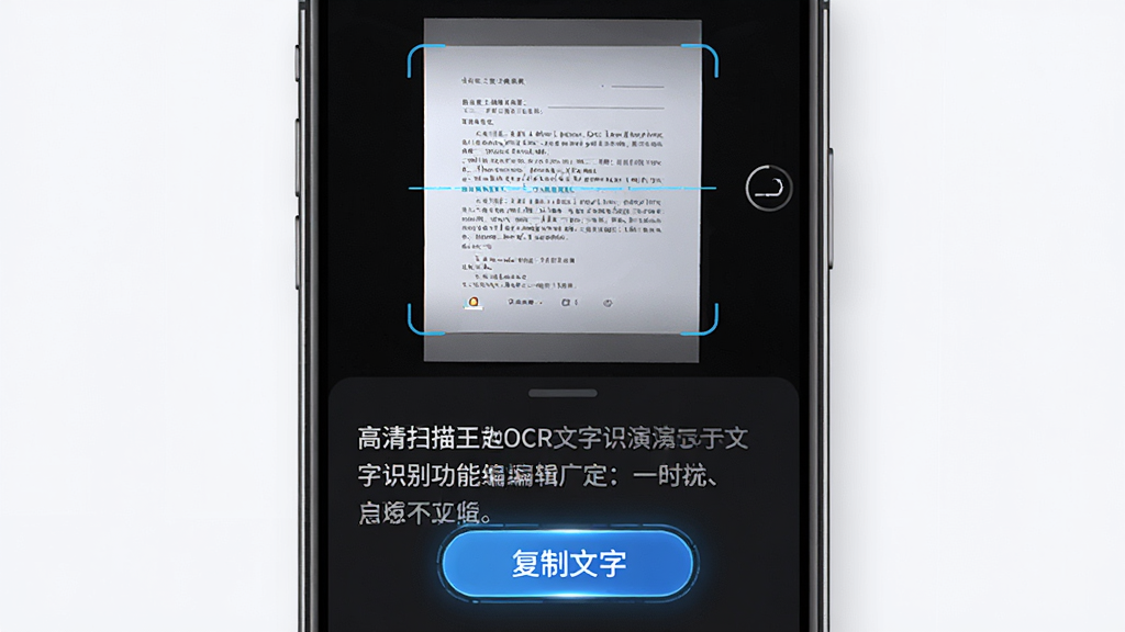 高清扫描王OCR文字识别功能演示图,主体为手机屏幕上方是扫描的文档图片,下方是识别出的可编辑文字,布局为上下结构,排版清晰明了,风格为科技感界面,细节高亮显示“复制文字”按钮,画质高保真,干净无多余元素