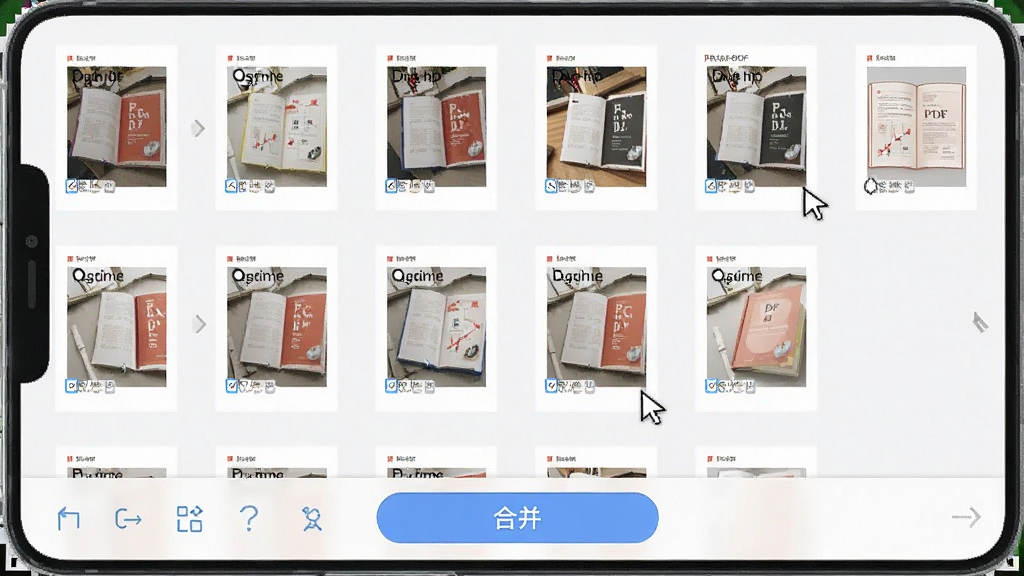 高清扫描王多页PDF合并操作截图,主体为手机界面显示多个缩略图页面正在合并成一本PDF书籍,布局为底部工具栏有“合并”按钮,排版直观易懂,风格为扁平化UI设计风格,细节展示页面缩略图和拖动排序的光标,画质细腻,干净无多余元素