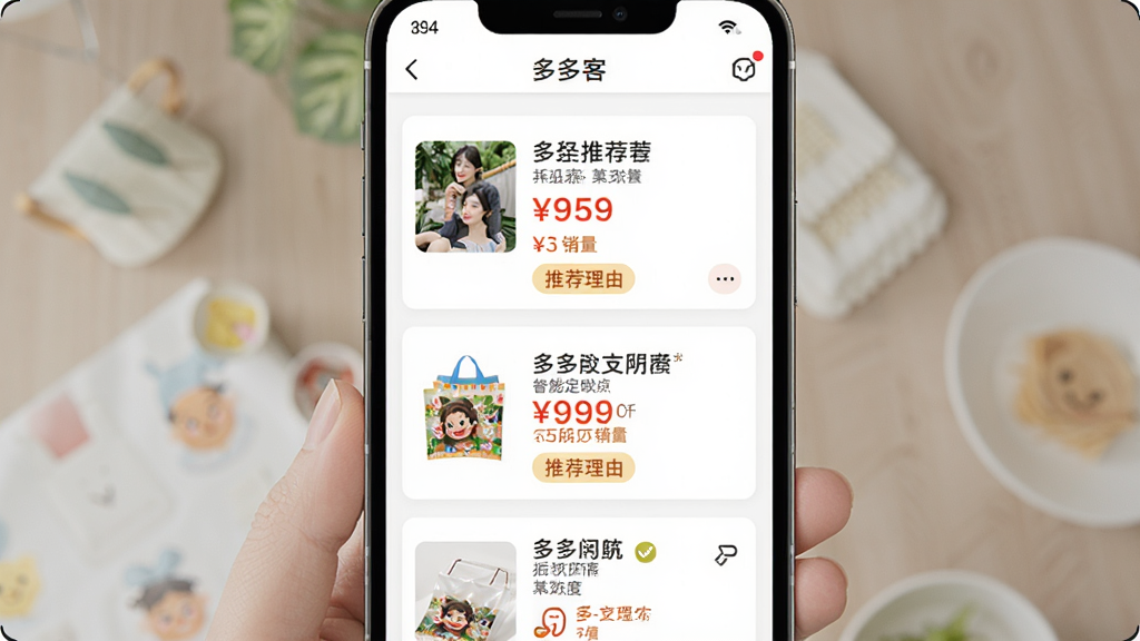 չʾ����APP�������Ƽ�ҳ�棬�����Ǽ����Ƽ���Ʒ��Ƭ������Ϊ�����б����Ű�������£����������Ȼ��ϸ�ڰ�����Ʒ���ơ��۸��������Ƽ����ɱ�ǩ�������������ɾ����࣬��Ļ����ʾ�����͡��������ơ�