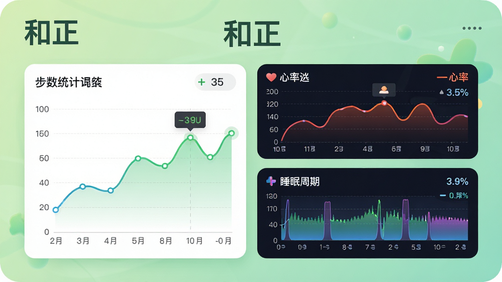 和正APP健康数据追踪功能展示图,画面呈现步数统计折线图、心率曲线和睡眠周期图,数据可视化风格清晰易懂,背景为浅绿色渐变,配以“和正”品牌名称,整体风格专业且亲和,画质高清,布局合理,无多余元素