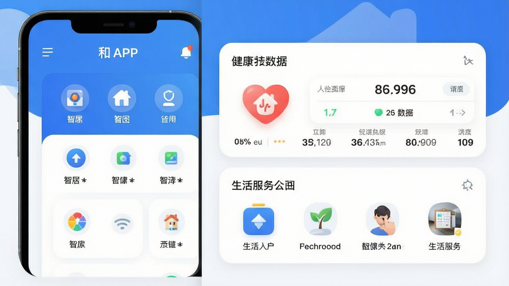一张展示和正APP主界面的高清截图,界面布局清晰,包含智能家居控制面板、健康数据看板和生活服务入口三大核心模块,采用现代简约的扁平化设计风格,以蓝色和白色为主色调,图标圆润精致,整体画面干净明亮,细节丰富,画质清晰,无多余元素