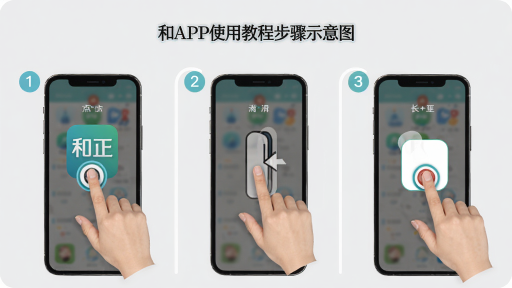 和正APP使用教程步骤示意图,画面展示手机屏幕上的操作手势,包括点击、滑动和长按,背景为浅灰色,步骤以数字标注,配以“和正”应用图标,整体风格简洁明了,画质高清,无多余元素