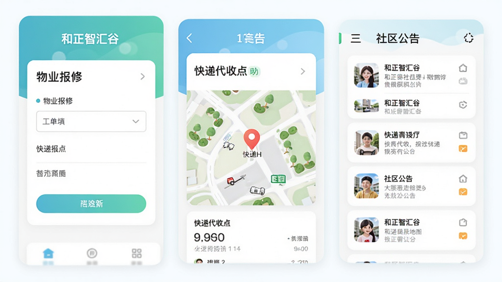 和正APP社区服务功能界面预览,画面展示物业报修工单填写页面、快递代收点地图标记和社区公告列表,界面采用卡片式布局,色彩清新,配以“和正智汇谷”字样,整体风格明快,画质清晰,干净无多余元素