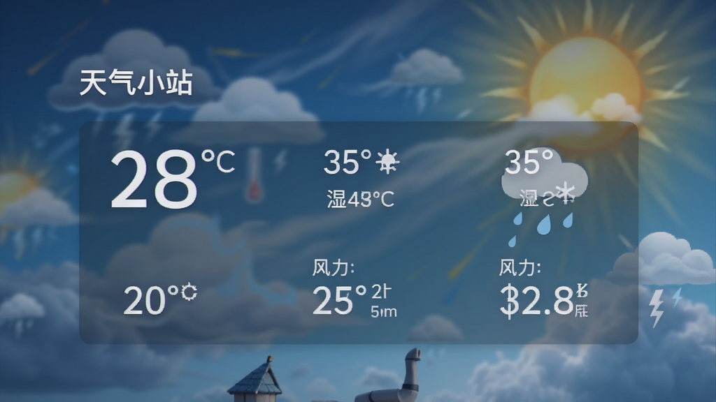 天气小站实时天气页面,显示温度、湿度、风力等数据,背景为动态天气效果,界面简洁,数据清晰,画质细腻,无多余元素
