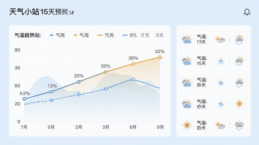 天气小站15天预报页面,展示气温趋势图和天气图标列表,背景为淡蓝色,数据可视化清晰,界面简洁美观,画质干净,无多余元素