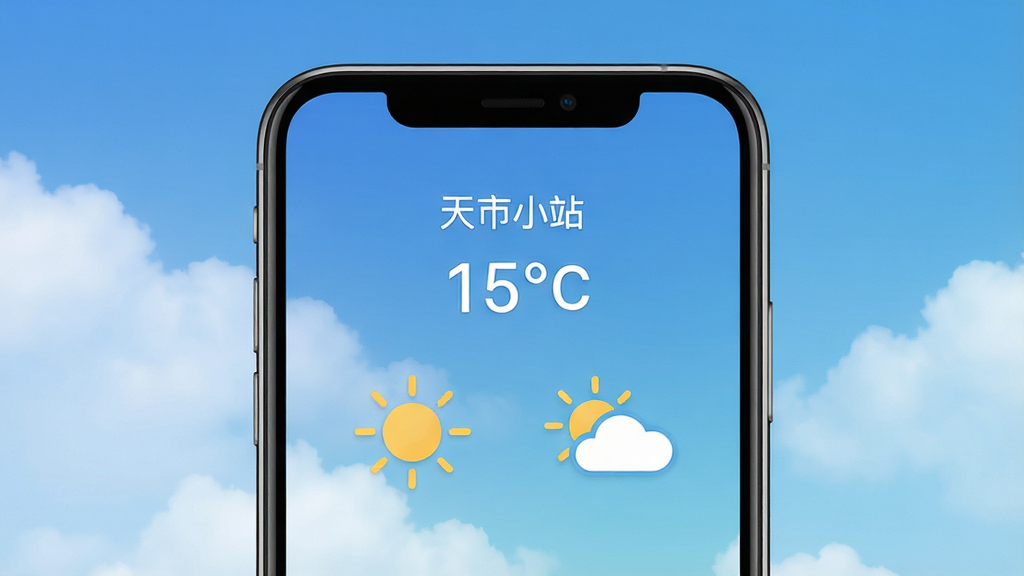 天气小站主界面展示,手机屏幕显示天气信息,背景为渐变蓝天白云,界面简洁清新,城市名称、温度、天气图标清晰可见,整体布局干净,画质高清,无多余元素