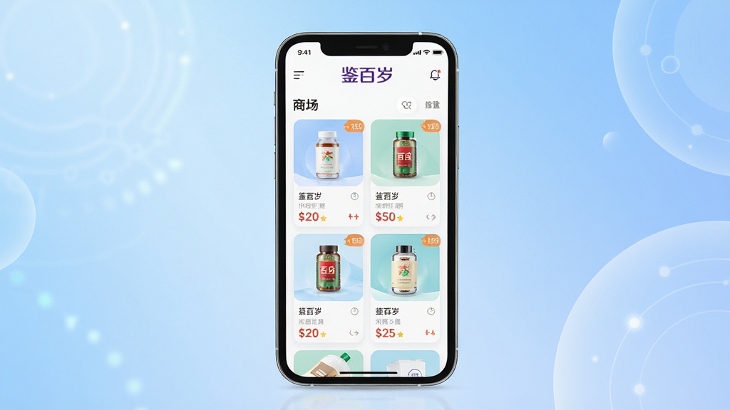 ���壺������App����չʾ���ֻ���Ļ��ʾ�̳���ҳ����Ʒ�������������֣��ֻ����У�����Ϊ��ͽ�����ɫ��Ӫ��Ƽ��뽡���С��Ű棺��Ļ����Ʒ��Ƭ�������룬�������ꡱlogo���ڶ���������ִ���Լ��ɫ��������ϸ�ڣ�����ͼ�꾫�£��۸��ǩ���������ʣ�������Ⱦ���ɾ����޶���Ԫ�ء�