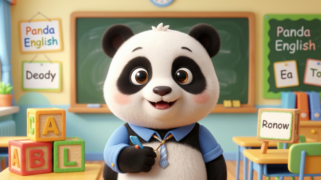 ���壺һֻ�ɰ��Ŀ�ͨ��è��ʦվ�ڲ�ɫ����ǰ����Χ��������ĸ��ľ�͵��ʿ�Ƭ���ڰ���д�š�Panda English�������岼������ͻ�����Ű�ɾ����������ͯȤ��3D��ͨ��Ⱦ��ϸ�ڰ�����è��ë���ʸС���͹�Ӱ�ͷḻɫ�ʣ����ʣ�����ϸ�壬�ɾ��޶���Ԫ��