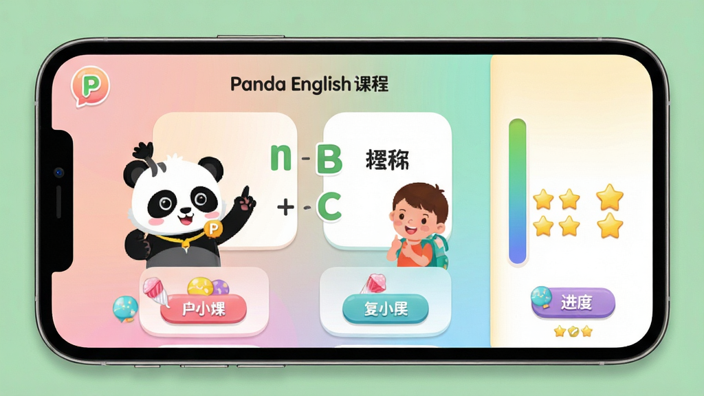 ���壺�ֻ���Ļ��ʾPanda English�Ļ����γ̽��棬��è��ͨ��������������ɵ��������Ϸ�����沼���������Ű棺�γ̿�Ƭ�������У��Ҳ��н����������ǽ�������񣺱�ƽ����ƴ�����ͽ���ɫ��ϸ�����ǹ�ɫ��ť�Ϳɰ�ͼ�ꣻ���ʣ��߷ֱ��ʣ��ɾ��޶���Ԫ��