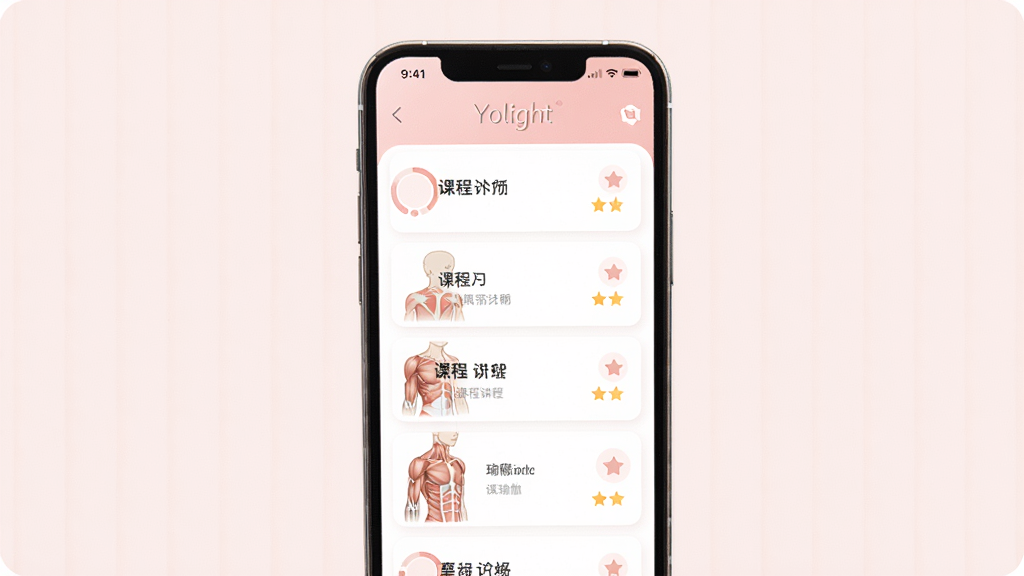 Yolight�沿�٤APP����չʾͼ������Ϊ�ֻ���Ļ��������ʾѵ���γ��б��뼡��ʾ��ͼ�����ּ���ִ�������ǳ�����ɫΪ��ɫ������������ºͣ�ϸ�ڰ����γ̽��Ȼ����������ǣ����ʸ���ɾ����޶���Ԫ�أ���Ļ����ʾ��Yolight������