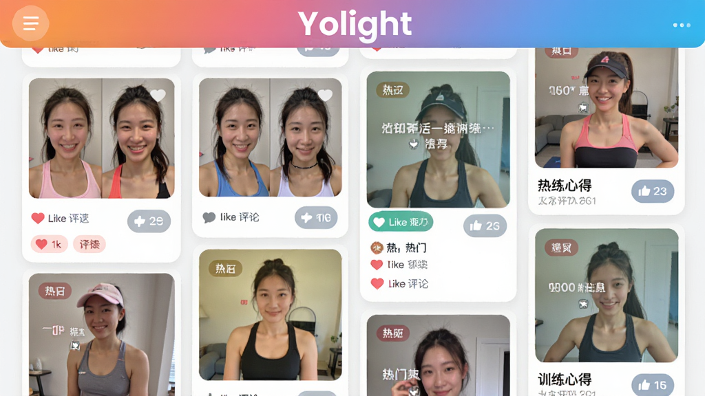 Yolight�����������棬����Ϊ�ٲ���ʽͼƬǽ��չʾ�û�ǰ��Ա�����ѵ���ĵã�����Ϊ��Ƭʽ���񣬷����ܰ��Ծ��ɫ��������ʣ�ϸ�ڰ����������۰�ť�����Ż����ǩ�����ʸɾ���ʵ���޶���Ԫ�أ����������ʾ��Yolight������