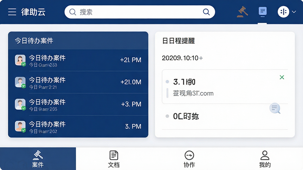 一幅展示律助云应用主界面的高清截图,界面风格简洁专业,顶部为搜索栏与功能图标,中部以卡片形式展示今日待办案件列表与日程提醒,底部设有案件、文档、协作、我的四个导航标签,整体以深蓝色与白色为主色调,视觉风格商务大气,细节清晰,画质干净,无多余元素
