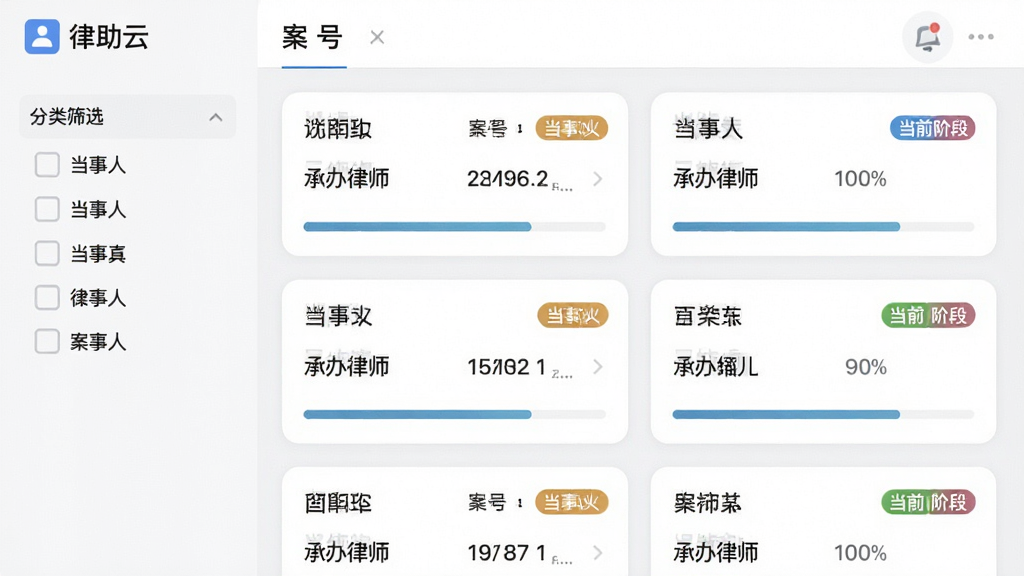 律助云应用内案件列表页面预览图,页面左侧为案件分类筛选栏,右侧为案件卡片列表,每张卡片显示案号、当事人、承办律师及当前阶段标签,卡片底部有进度条显示完成度,界面采用浅灰背景搭配白色卡片,圆角设计,信息层级分明,视觉风格清爽专业,画质细腻,干净无多余元素