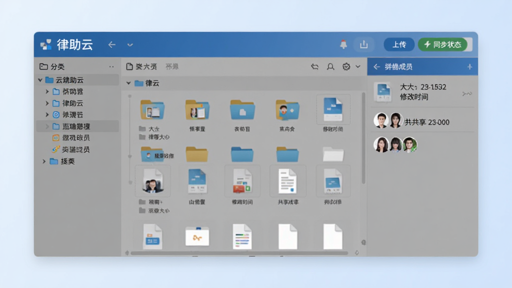 律助云云端文档管理界面示意图,屏幕中央显示文件夹列表与文件缩略图,顶部有上传与同步状态按钮,左侧为分类树状目录,右侧文件详情面板展示文件大小、修改时间与共享成员头像,界面采用蓝色与灰色搭配,扁平化设计,背景为淡蓝色渐变,画质清晰,排版整洁,无多余元素
