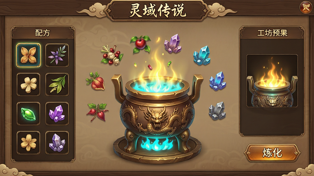 主体:灵域传说游戏内的工坊炼化界面,一个古香古色的丹炉正散发着金色光芒,周围悬浮着多种药材与矿石素材,界面右下角显示“炼化”按钮。布局:画面以丹炉为中心,左侧列出配方所需材料图标,右侧展示炼化结果预览。排版:UI界面清晰,素材图标排列整齐,整体呈对称构图。风格:古风仙侠UI设计,木质边框与云纹装饰,色调以棕金为主。细节:丹炉表面有龙纹雕刻,炉火呈现青蓝色,材料图标精致,文字“灵域传说”作为界面标题置于顶部中央。画质:高清渲染,细节丰富,干净整洁,无多余元素。
