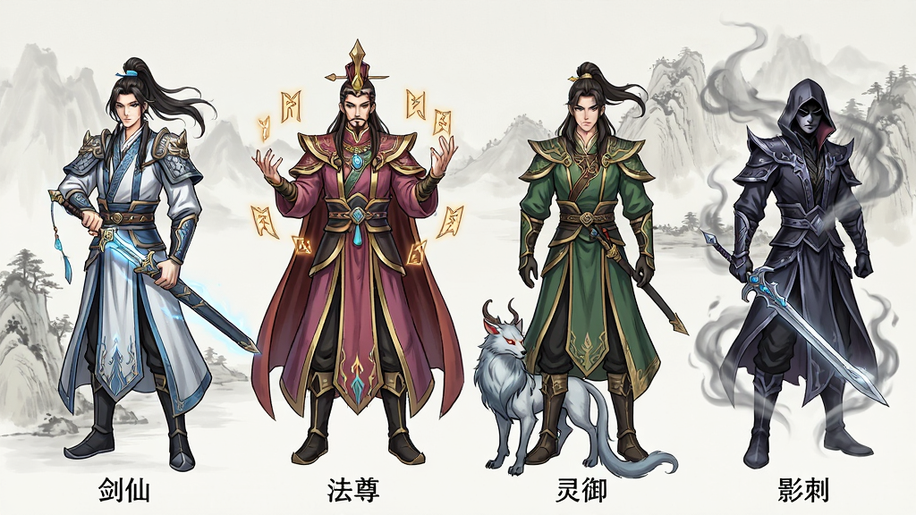 主体:灵域传说四大职业角色立绘并排展示,分别为剑仙、法尊、灵御、影刺,每个角色都穿着不同风格的精美铠甲与法袍,手持专属武器。布局:四个角色横向排列,身高一致,背景为淡色水墨山水。排版:角色之间留有适当间距,底部标注职业名称。风格:国风仙侠立绘,线条流畅,色彩典雅。细节:每个角色的服装纹理与武器造型都极具辨识度,剑仙的剑刃泛着寒光,法尊周身环绕符咒,灵御身旁蹲着灵兽,影刺隐身于半透明烟雾中。画质:超精细原画级质感,干净无多余杂物。