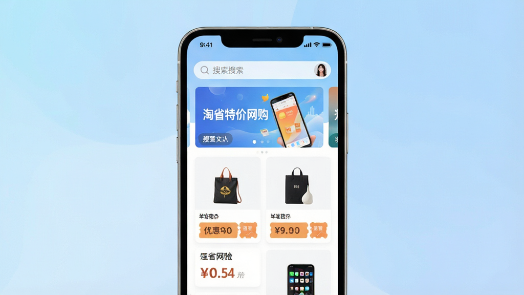 一张现代简约风格的智能手机界面展示图,屏幕中显示“淘省特价网购”应用首页,顶部有搜索栏与轮播横幅,下方商品卡片整齐排列,包含价格与优惠券标签,整体色调清新明亮,背景为柔和的渐变蓝色,布局干净整洁,画质高清,无多余元素