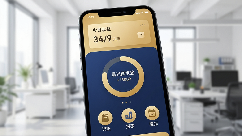 主体为一部智能手机屏幕特写,屏幕上清晰显示“晨光聚宝盆”APP主界面,界面以金色和深蓝为主色调,顶部有“今日收益”数据卡片,中间为环形统计图表,底部排列“记账”、“报表”、“签到”等圆形功能图标。布局采用居中对称构图,手机微微倾斜,背景为虚化的现代办公室环境,光线明亮柔和。风格为扁平化UI设计结合真实场景渲染,细节丰富,画质高清干净,无多余元素。