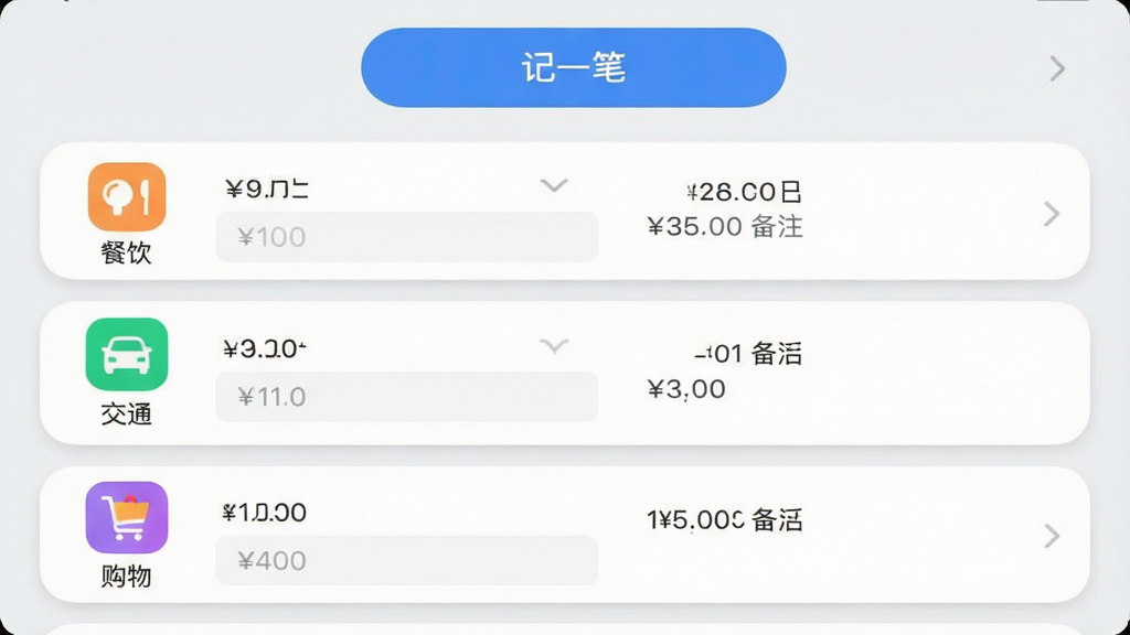 主体为晨光聚宝盆APP记账界面截图,屏幕上方显示“记一笔”按钮,下方为“餐饮”、“交通”、“购物”等彩色分类图标,每个图标下方有金额输入框。布局为列表式,每行左侧是分类图标,右侧是金额和备注,界面干净整洁。风格为清新简约的UI设计,背景为浅灰色,卡片圆角阴影,画质清晰,细节丰富,无多余元素。