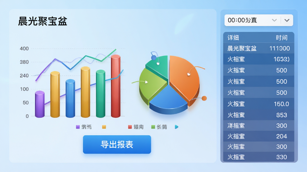 主体为晨光聚宝盆APP报表功能展示,屏幕中央显示彩色柱状图和饼图,图表下方有“导出报表”按钮,右上角有时间筛选器。布局为左右分栏,左侧为图表,右侧为详细数据列表,背景为淡蓝色渐变。风格为商务数据可视化风格,图表立体感强,色彩鲜艳,画质高清,无多余元素。