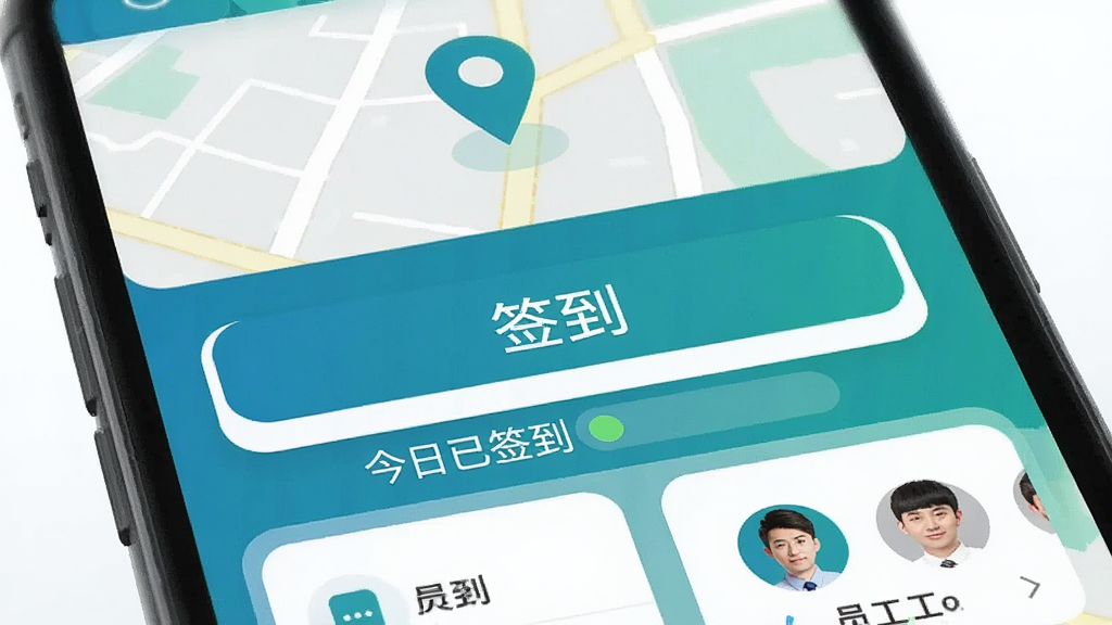 主体为晨光聚宝盆考勤签到界面,手机屏幕上显示地图定位标记和“签到”大按钮,下方有“今日已签到”状态栏,旁边显示员工头像列表。布局为上下结构,上方地图占三分之一,下方按钮和信息卡片占三分之二。风格为现代商务风,蓝绿色调,图标简洁,画质清晰,无多余元素。