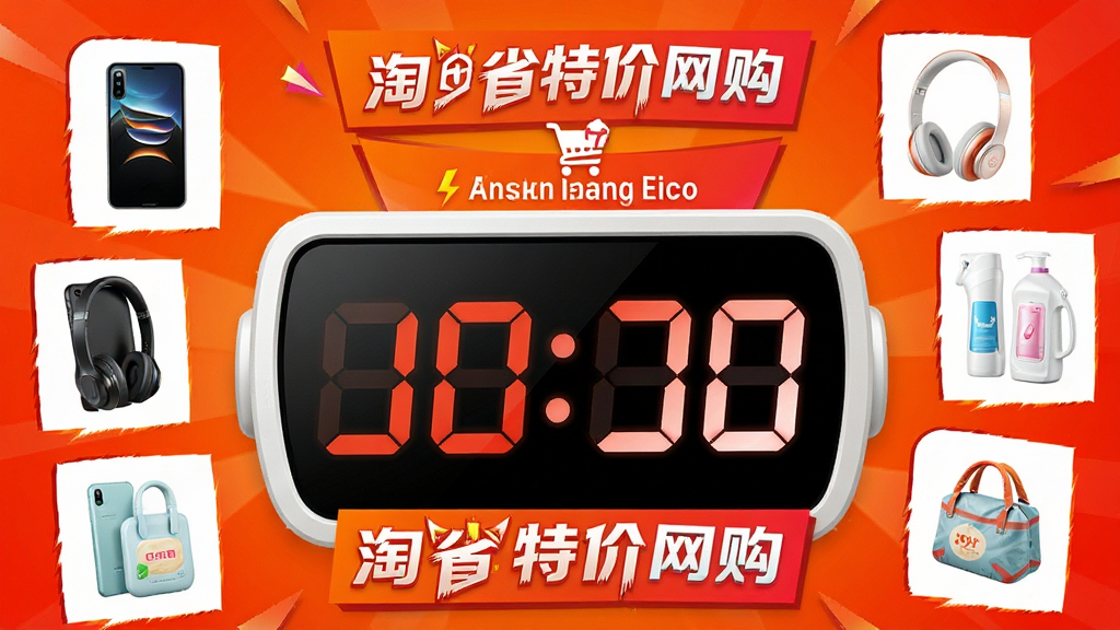 一张电商秒杀活动宣传图,画面中央有一个巨大的倒计时时钟,周围环绕着“淘省特价网购”品牌标识和各类打折商品图标,如手机、耳机、日用品等,背景为鲜艳的橙红色渐变,整体氛围紧张刺激,排版错落有致,风格现代活泼,画质干净清晰,无多余元素