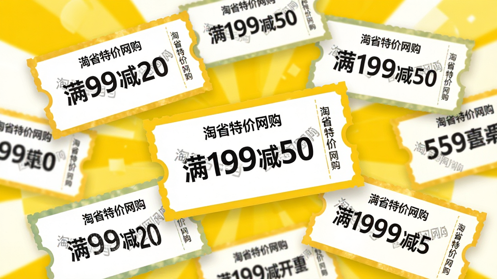 一张优惠券集合展示图,画面中漂浮着多张带有“淘省特价网购”水印的电子优惠券,券面标注“满99减20”、“满199减50”等字样,背景为明亮的黄色与白色相间,券面错落有致地排列,风格清新简洁,细节丰富,画质高清,无多余元素