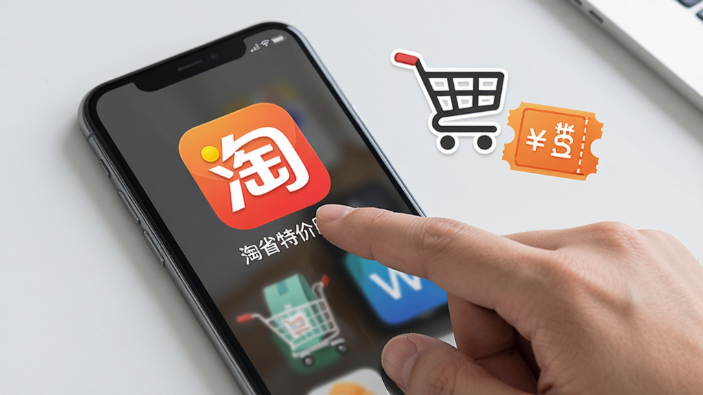 一张手机操作演示图,画面中一只手正点击手机屏幕上的“淘省特价网购”应用图标,手机旁有购物车和优惠券图标,背景为浅灰色,桌面整洁,构图清晰,风格写实,细节丰富,画质高清,无多余元素