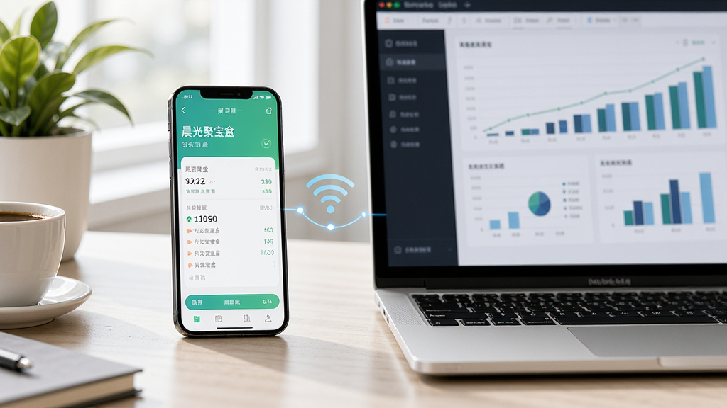 主体为一部手机和一台笔记本电脑并排放在桌面上,手机屏幕显示晨光聚宝盆的记账界面,电脑屏幕显示报表图表。布局为左右对称,手机在左,电脑在右,中间有无线网络图标连接。风格为写实摄影风格,桌面有绿植和咖啡杯点缀,光线明亮,画质清晰,无多余元素。