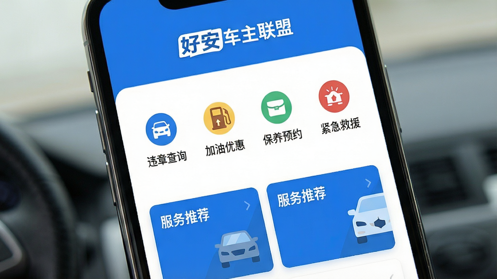 一张智能手机屏幕展示好安车主联盟APP主界面,界面顶部显示“好安车主联盟”品牌标识,中间为车主常用功能图标排列,包括“违章查询”、“加油优惠”、“保养预约”、“紧急救援”,下方为服务推荐卡片,整体采用蓝白配色,布局简洁清晰,风格现代扁平化,画质高清,干净无多余元素
