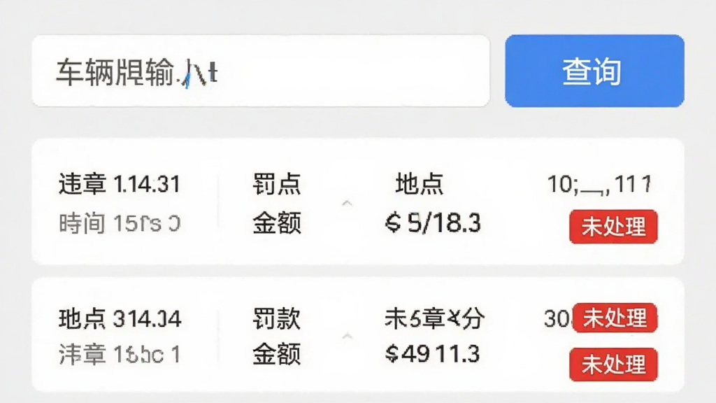好安车主联盟APP违章查询功能页面预览图,页面显示车辆牌照输入框与查询按钮,下方列出违章时间、地点、罚款金额及扣分详情,每条违章记录配有红色“未处理”标签,背景为浅灰色,布局规整,风格简洁,画质清晰,干净无多余元素