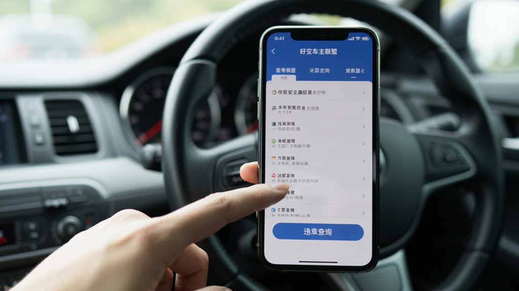 手机操作好安车主联盟APP的实拍场景图,用户手指点击屏幕上的“违章查询”按钮,手机屏幕显示查询结果列表,背景为模糊的车内环境,光线自然,构图稳定,画质清晰,干净无多余元素