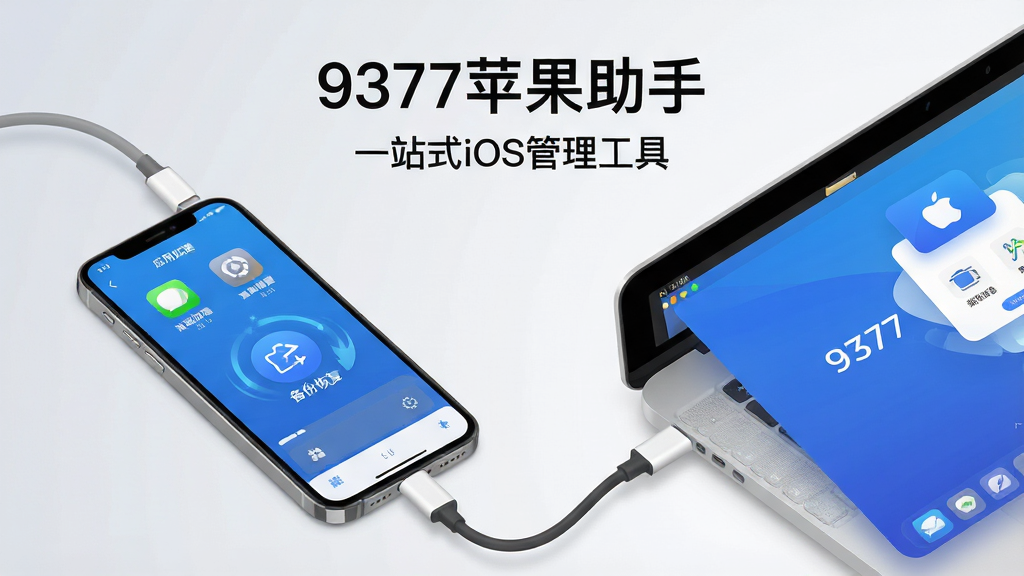 主体:一部iPhone手机连接电脑,屏幕显示9377苹果助手软件主界面,界面含有应用管理、设备清理、数据备份等图标。布局:手机位于画面左侧,电脑屏幕位于右侧,两者通过数据线连接,整体呈对角线构图。排版:主标题“9377苹果助手”位于画面顶部居中,副标题“一站式iOS管理工具”位于其下方。风格:现代扁平化设计,色彩以蓝色和白色为主,界面清爽。细节:手机屏幕上显示清理加速、备份恢复等动态效果,背景为浅灰色渐变。画质:高清,干净,无多余元素。