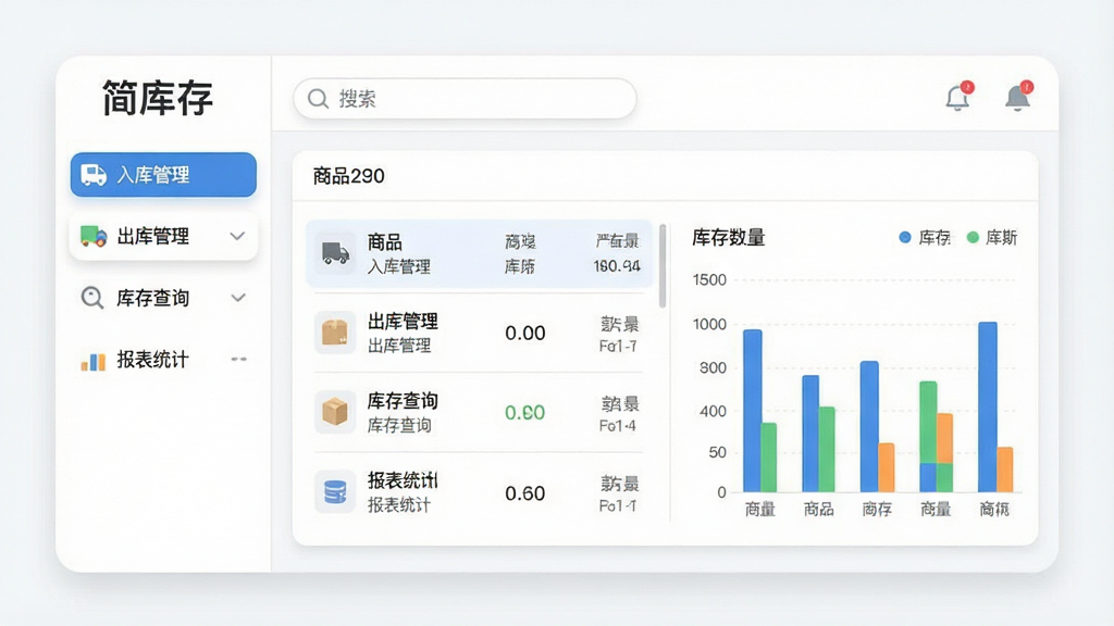 一张展示简库存软件主界面的高清截图,主体为简洁明亮的库存管理仪表盘,左侧功能导航栏清晰列出“入库管理”、“出库管理”、“库存查询”、“报表统计”等模块,中央区域显示商品列表与库存数量柱状图,顶部为搜索框与通知图标。布局规整,排版疏朗,采用扁平化设计风格,细节处体现圆角卡片与柔和阴影,整体画质干净,无多余元素,界面文字突出“简库存”品牌标识。