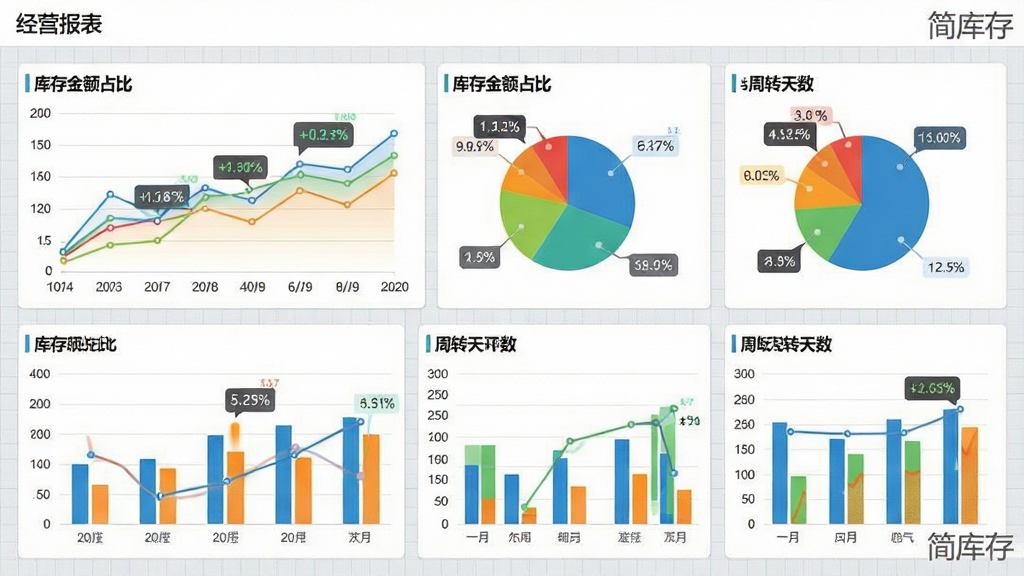 一张简库存软件“经营报表”页面的截图,主体为多种彩色统计图表,包括折线图、饼图与柱状图,展示库存金额占比与周转天数。布局为网格化排列,排版专业,风格清新明亮,细节处图表带有动态数据标签,背景为浅灰色网格,整体画质干净,无多余元素,页面角落有“简库存”水印。