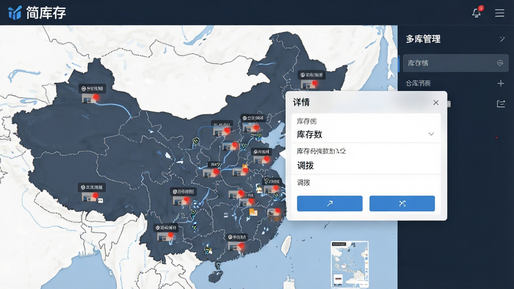 一张简库存软件“多仓库管理”界面的截图,主体为地图上分布的多个仓库据点,点击其中一个弹出仓库详情面板,显示库存数量与调拨按钮。布局为地图与侧边栏结合,排版直观,风格商务大气,细节处仓库坐标点带有库存预警红点,整体画质干净,无多余元素,左上角有“简库存”标志。