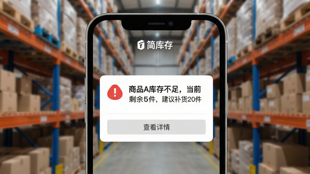 一张简库存软件“库存预警”功能展示图,主体为手机端推送通知界面,显示“商品A库存不足,当前剩余5件,建议补货20件”的卡片消息。布局为移动端竖屏样式,排版简洁,风格现代,细节处有红色感叹号图标与“查看详情”按钮,背景为模糊的仓库货架照片,整体画质干净,无多余元素,通知顶部有“简库存”标识。