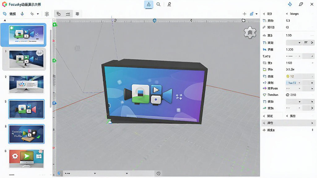 Focusky������ʾ��ʦ�����棬���Ϊ�õ�Ƭ����ͼ�б����м�Ϊ3D�����༭�����Ҳ�Ϊ������壬���������ִ���ɫ�����������ʸɾ����޶���Ԫ��