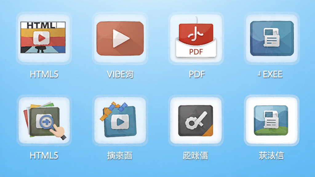Focusky������ʾ��ʦ�ĵ���ѡ����棬��ʾ���������ʽͼ�꣬����HTML5����Ƶ��PDF��EXE�ȣ�ÿ��ͼ���·��ж�Ӧ����˵��������Ϊǳ��ɫ���䣬��������죬���ʸɾ����޶���Ԫ��