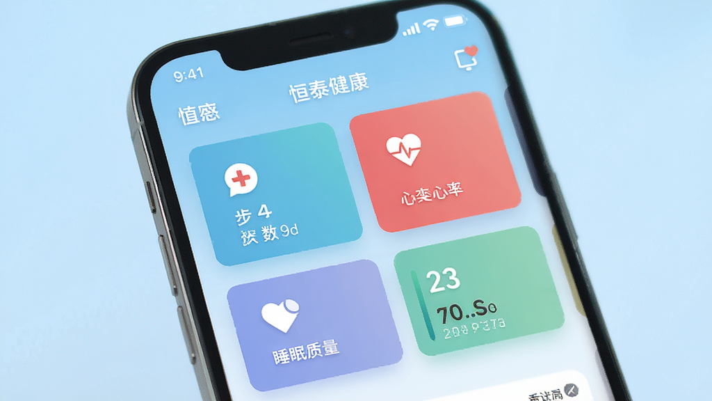 恒泰健康APP主界面展示,智能手机屏幕显示健康数据看板,包含步数、心率、睡眠质量等卡片,背景为浅蓝色渐变,界面风格简洁现代,扁平化设计,图标清晰,整体色调清新干净,画质高清,无多余元素