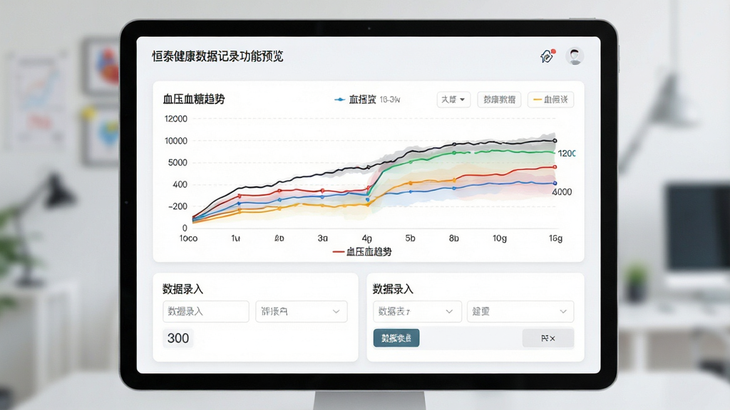 恒泰健康数据记录功能预览,多色折线图展示血压血糖趋势,下方有数据录入表单,界面采用浅色背景,卡片式布局,图表标注清晰,整体风格简约专业,画质干净,无多余元素