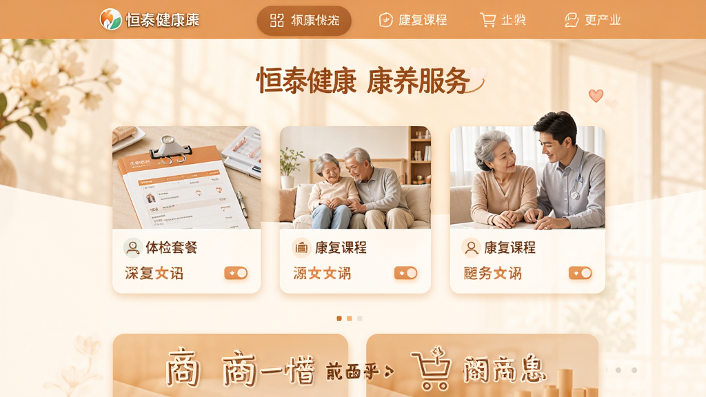恒泰健康康养服务页面,展示体检套餐、康复课程卡片,底部商城入口,界面采用暖色调,图片素材清晰,布局错落有致,风格温馨,画质细腻,无多余元素